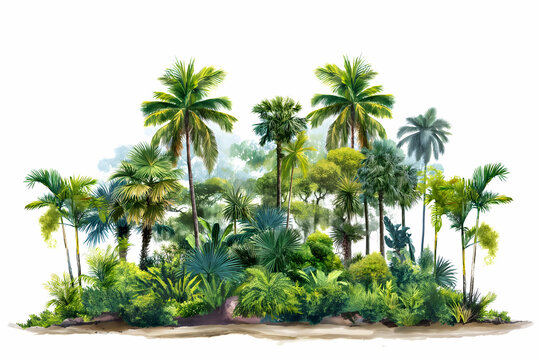 Tropical palm trees and bushes on white background
