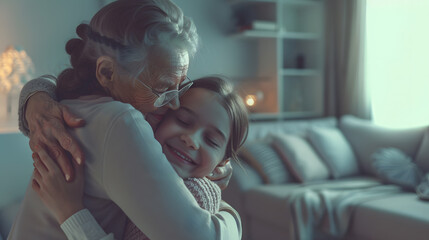 Grandmother and granddaughter hugging in the living room Two adult women of different age Family values concept Close up copy space background : Generative AI - Powered by Adobe
