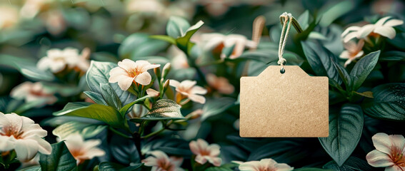 Craft a stunning mockup featuring a blank cardboard tag set against a backdrop of lush mint flowers