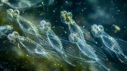 A group of rotifers swimming together forming an eerie yet intricate pattern as they move their cilia in a synchronized manner. The