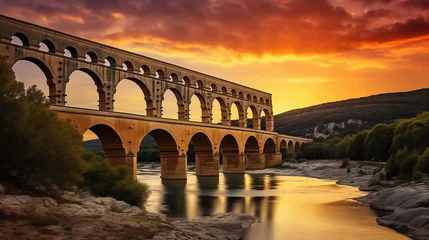 Cercles muraux Pont du Gard bridge over the river in sunset background 