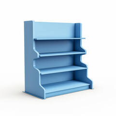 3D illustration of a cardboard display dumpbin shelf stand with shelves for goods and empty space on top