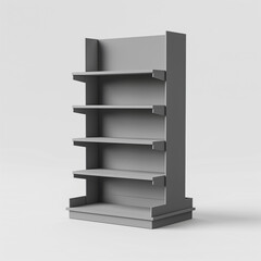 3D illustration of a cardboard display dumpbin shelf stand with shelves for goods and empty space on top