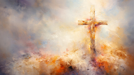 Crucifixion Of Jesus Christ, Easter Religious concept, cross on meadow sunrise watercolor style, Digital watercolor painting