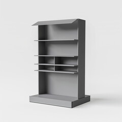 3D illustration of a cardboard display dumpbin shelf stand with shelves for goods and empty space on top