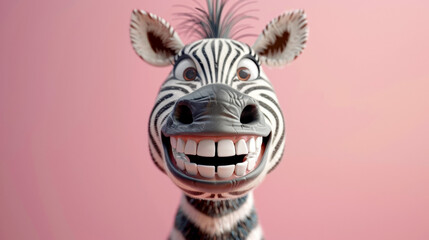 Caricature very big toothy wide of smiling Zebra, zebra with white smile looking at camera on pink background