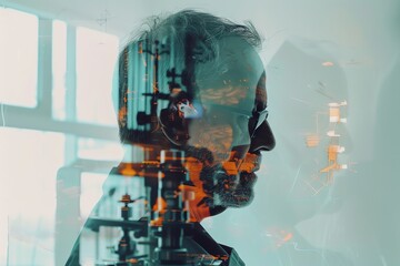 double exposure of a father hardworking, Fathers Day card image background, fathers day, aspect ratio 2:1