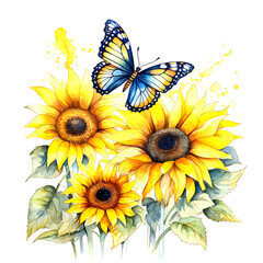 Watercolor butterflies and sunflowers