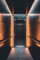 An elevator with glowing lights