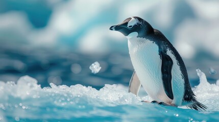 Climate change concept. close up penguin on a melting ice floe. cute penguin on winter landscape, snowy winter 