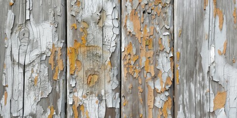 Closeup of rustic wooden planks with peeling orange paint presenting a weathered texture and vintage feel