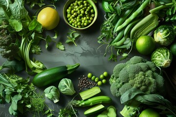 AI-generated illustration of green vegetables on a dark surface, top view