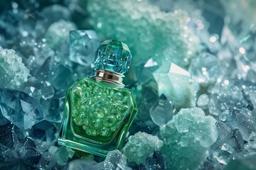 AI-generated illustration of a green crystal perfume bottle in a sea of turquoise geodes - obrazy, fototapety, plakaty