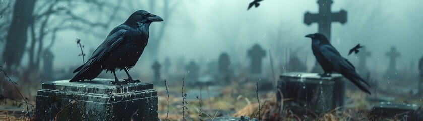 A desolate graveyard at dusk, with crows perched on the weathered headstones - obrazy, fototapety, plakaty