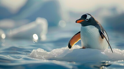 Fototapeta premium Climate change concept. close up penguin on a melting ice floe. cute penguin on winter landscape, snowy winter 