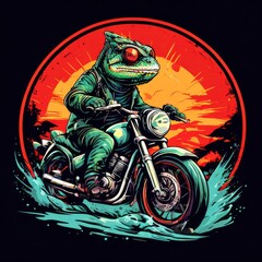 a lizard driving a motorcycle rides. Vector vintage engraving