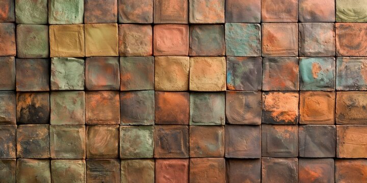 A full-frame image showcasing a variety of colorful, aged ceramic tiles with a vintage feel and textured surface