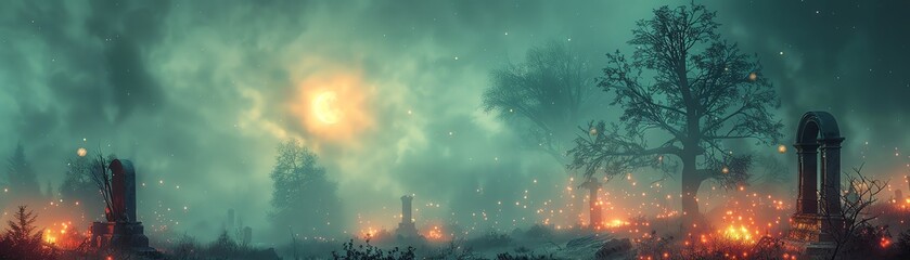A fantasy graveyard with magical elements like glowing orbs and ethereal mist