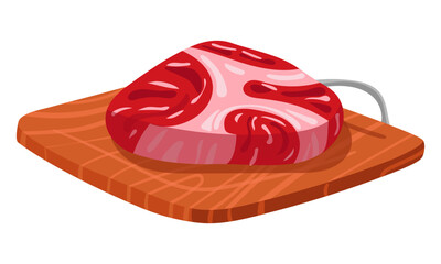 Wooden cutting board with a piece of fresh meat. Vector illustration. The ingredient for cooking. Ideal for demonstrating recipes, cooking techniques, butcher shop promotions and cooking tutorials