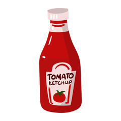 A red ketchup bottle. Sauces for eating. A red jar with a tomato pattern. Suitable for food labels, grocery store windows, fast food menus and food packaging design. Vector isolated illustration