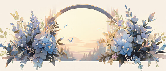 a picture of a blue flower arch with a mountain in the background