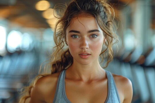 A close-up image of a young woman with flowing hair and a focused gaze posing inside a gym, with gym equipment slightly blurred in the background
