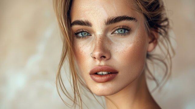 Portrait of a beautiful young woman. An elegant beauty photograph showcasing a close-up portrait of a model with flawless skin and striking features.