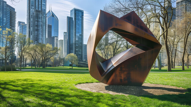 Modern sculpture in urban park, citi background - Powered by Adobe