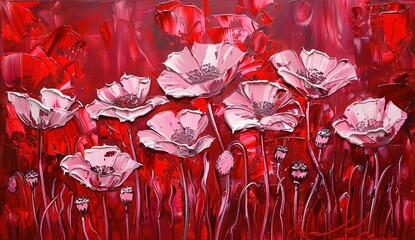 Bright pink poppies on a textured red background - modern art