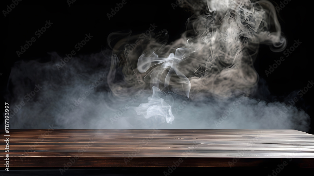 Aufkleber On a black background an empty wooden table with smoke floats up Empty space for displaying your products with a smoke float up on a dark background Space available for displaying your : Generative AI