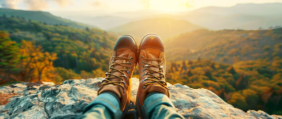 Hiking boots worn in the style of woman on mountain cliff, closeup of shoes and nature background with forest landscape, sunlight. Traveling adventure lifestyle concept banner. - Powered by Adobe
