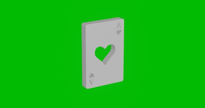 Animation of rotation of a white ace of heart card with shadow. Simple and complex rotation. Seamless looped 4k animation on green chroma key background