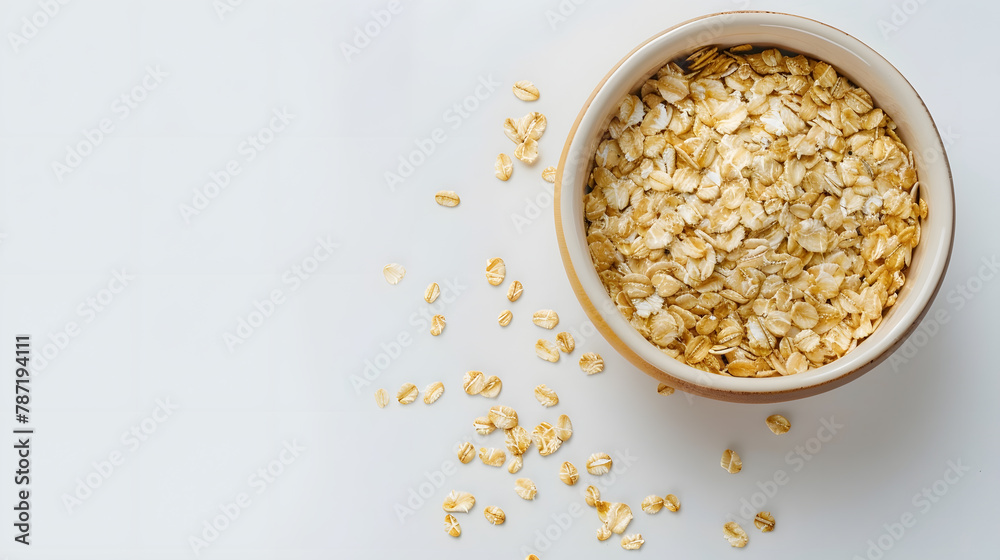 Poster oats dry brunch on white background raw and vegan product natural food top view and copy space image