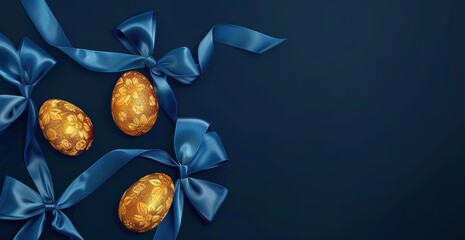 Elegant golden Easter eggs with blue bows on a dark background - obrazy, fototapety, plakaty