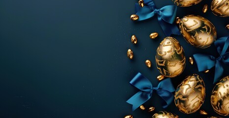 Elegant golden Easter eggs with blue bows on a dark background - obrazy, fototapety, plakaty