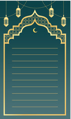 openwork golden frame in Arabic style with lanterns moon and stars on a midnight green background with lines for notes
