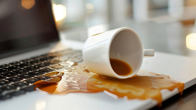 Upside down cup of coffee spilled on laptop