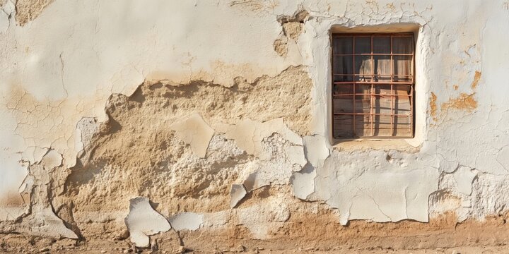 Sunlit aged wall with crumbling white paint revealing underlying brick textures behind a barred window