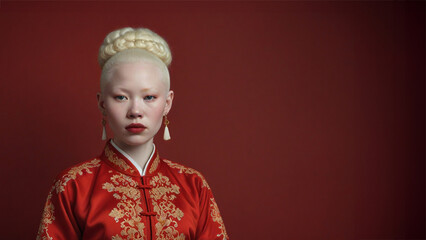 Chinese albino female model in national dress on a red background