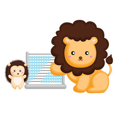Cute Animals Lion Learning Mathematis Cartoon Illustration Vector Clipart Sticker Decoration Background