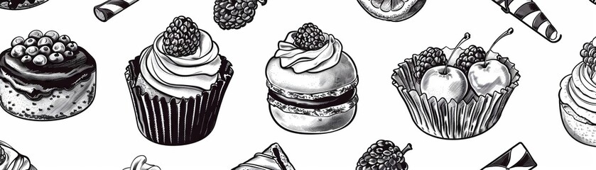 vintage desserts doodle drawings, high detailed, black and white, seamless, white background
