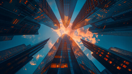 Virtual upward arrows hologram on blurry skyscrapers background, leadership and motivation concept. Multiexposure.
