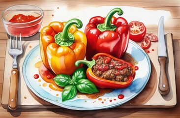 Stuffed bell pepper with meat in watercolor style - 787194977