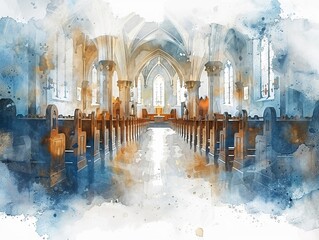 watercolor church sermon in blue and white a white background, in the style of dark gold and gray, spectacular backdrops, meticulous design