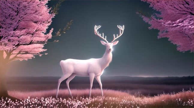 夜の桜の樹と白い鹿