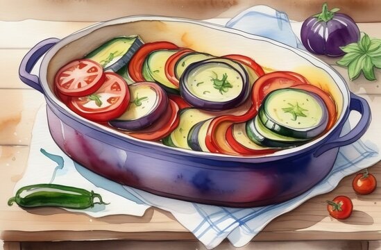 Vegetable casserole with eggplant and tomato in form
