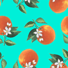 Oranges Pattern illustration with watercolor in vector on turquoise color
