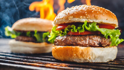 Hamburgers  cooking on flaming grill, close up, barbecue fast food.