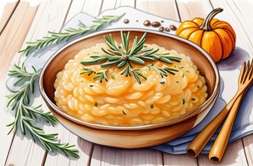 Pumpkin risotto with rosemary in watercolor style - 787195343