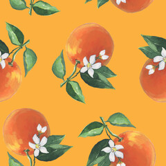 Oranges Pattern illustration with watercolor on dark yellow color